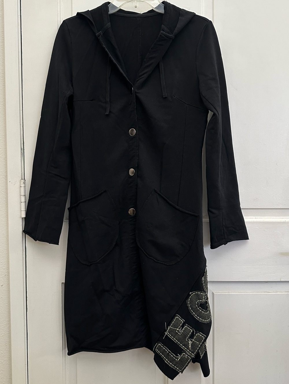 Cop. Copine Black Long Line Hooded Button Cardigan Duster with Patched Logo S/M - Picture 2 of 9